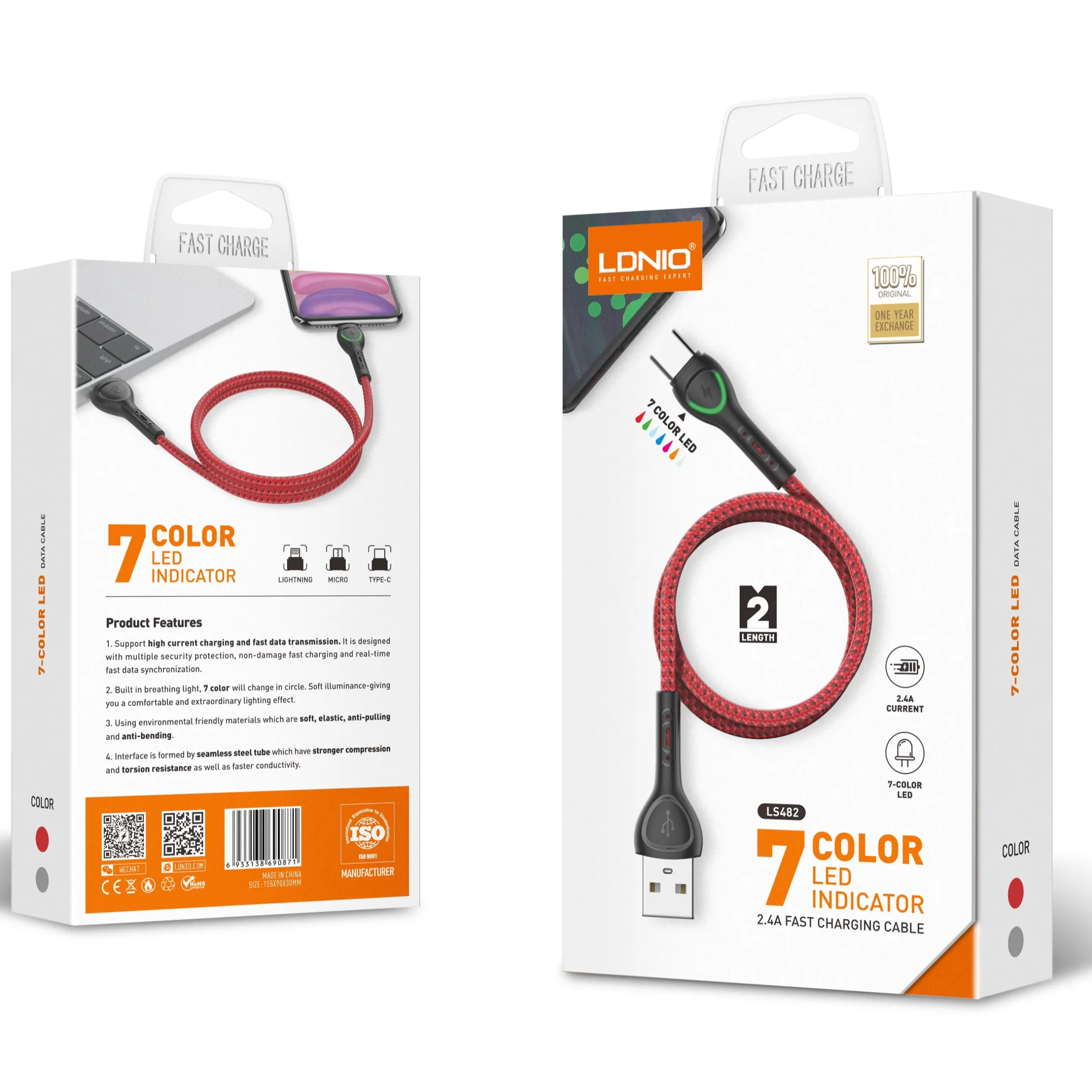کابل شارژ 2.4 آمپر کنفی الدینیو TYPE C مدل LS482 ( اورجینال )